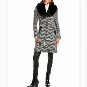 Via Spiga Herringbone Coat with Fux Fur Collar Wool-Blend Women's Black XXS $360